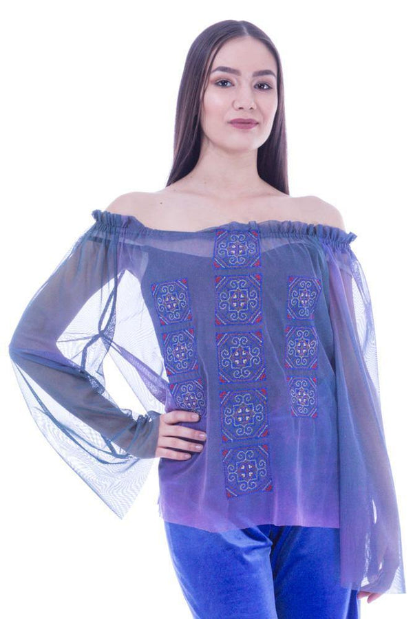 Bluza tul albastru cu broderie  Liza Panait Liza Panait Online Boutique